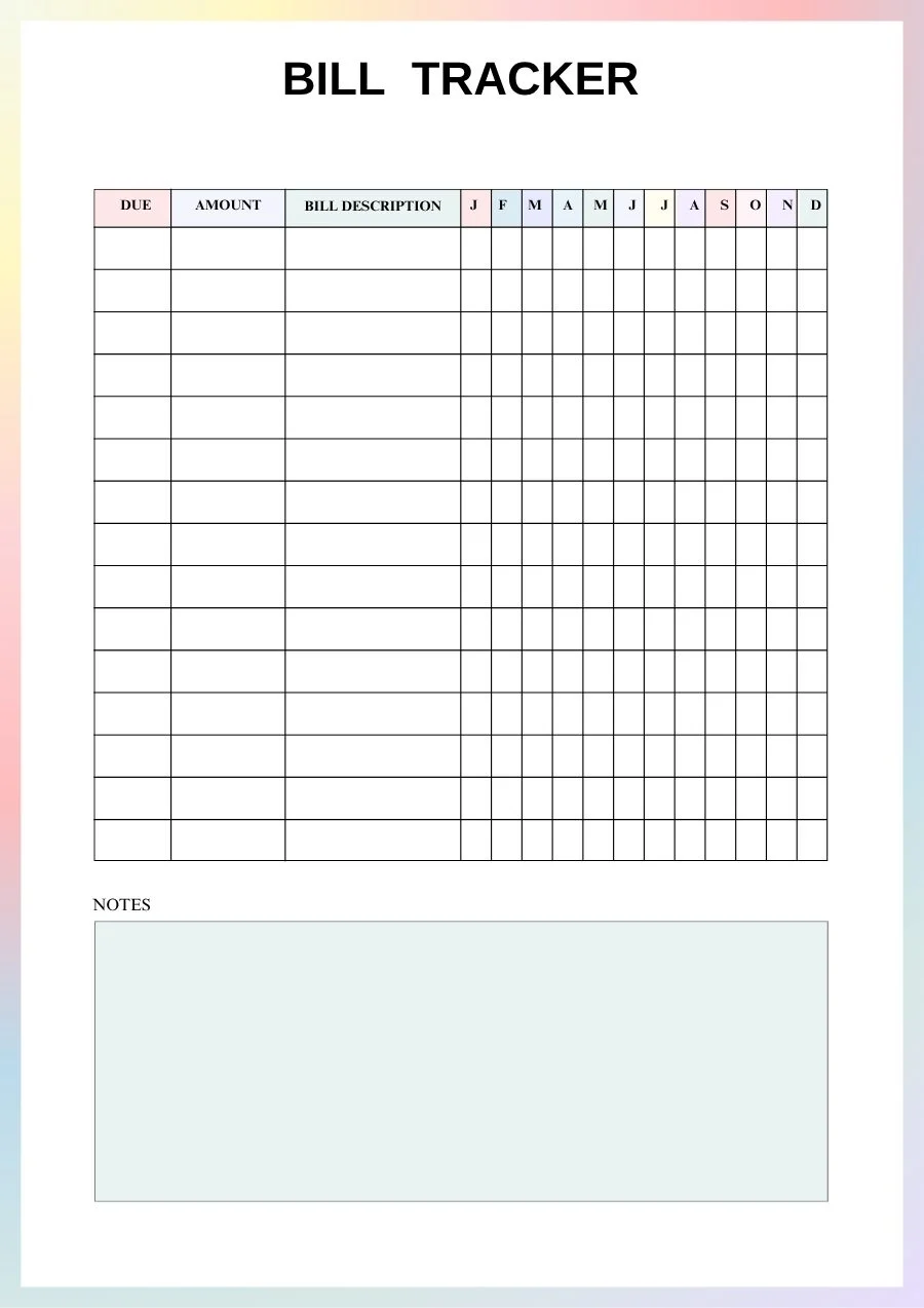 ADHD planner bill tracker with due date, amount, description and a paid box for each month
