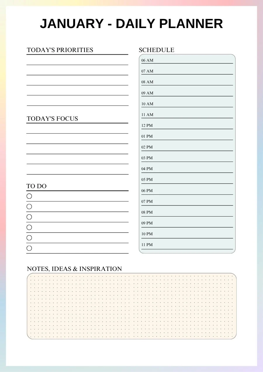ADHD daily planner page with today's priorities, today's focus, to-do list and an hourly schedule from 6 AM to 11 PM