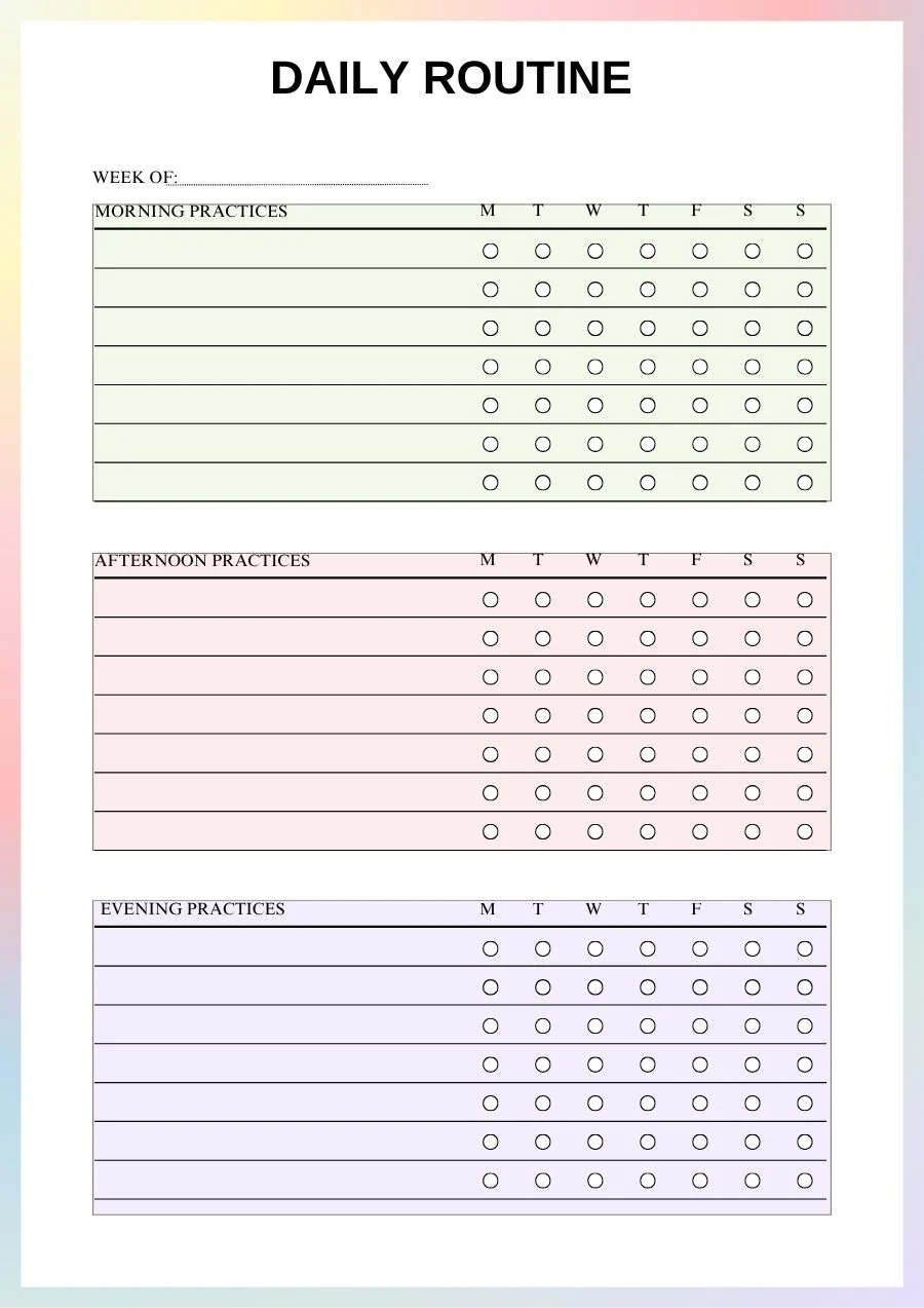 ADHD planner daily routine page with morning, afternoon and evening practices ticked Monday to Sunday