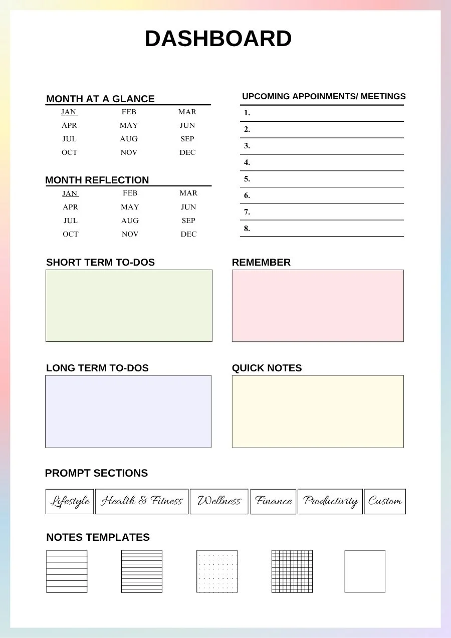 ADHD planner dashboard page with short-term to-dos, long-term to-dos, appointments and quick notes