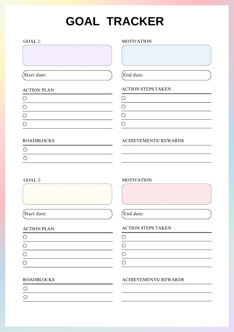 ADHD planner goal tracker with motivation, action plan, roadblocks and rewards for each goal