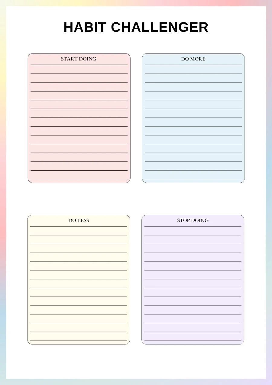 ADHD planner habit challenger page with start doing, do more, do less and stop doing boxes