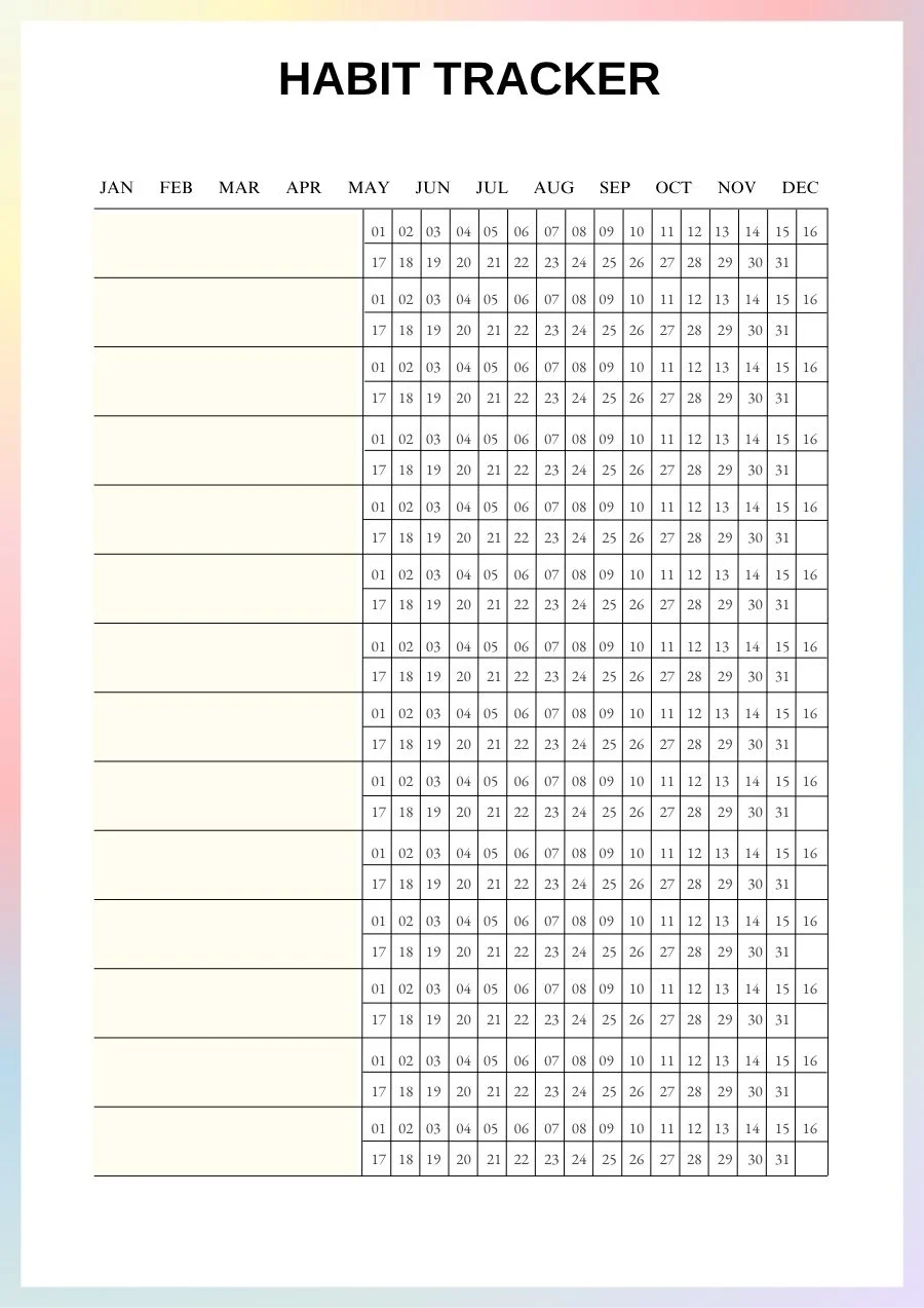 ADHD planner yearly habit tracker with one row per habit and 31 day boxes per month