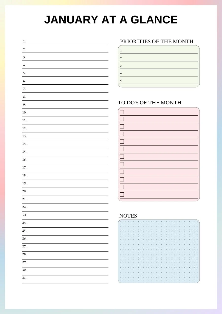 ADHD planner month at a glance page with 31 day lines, five monthly priorities and a monthly to-do list