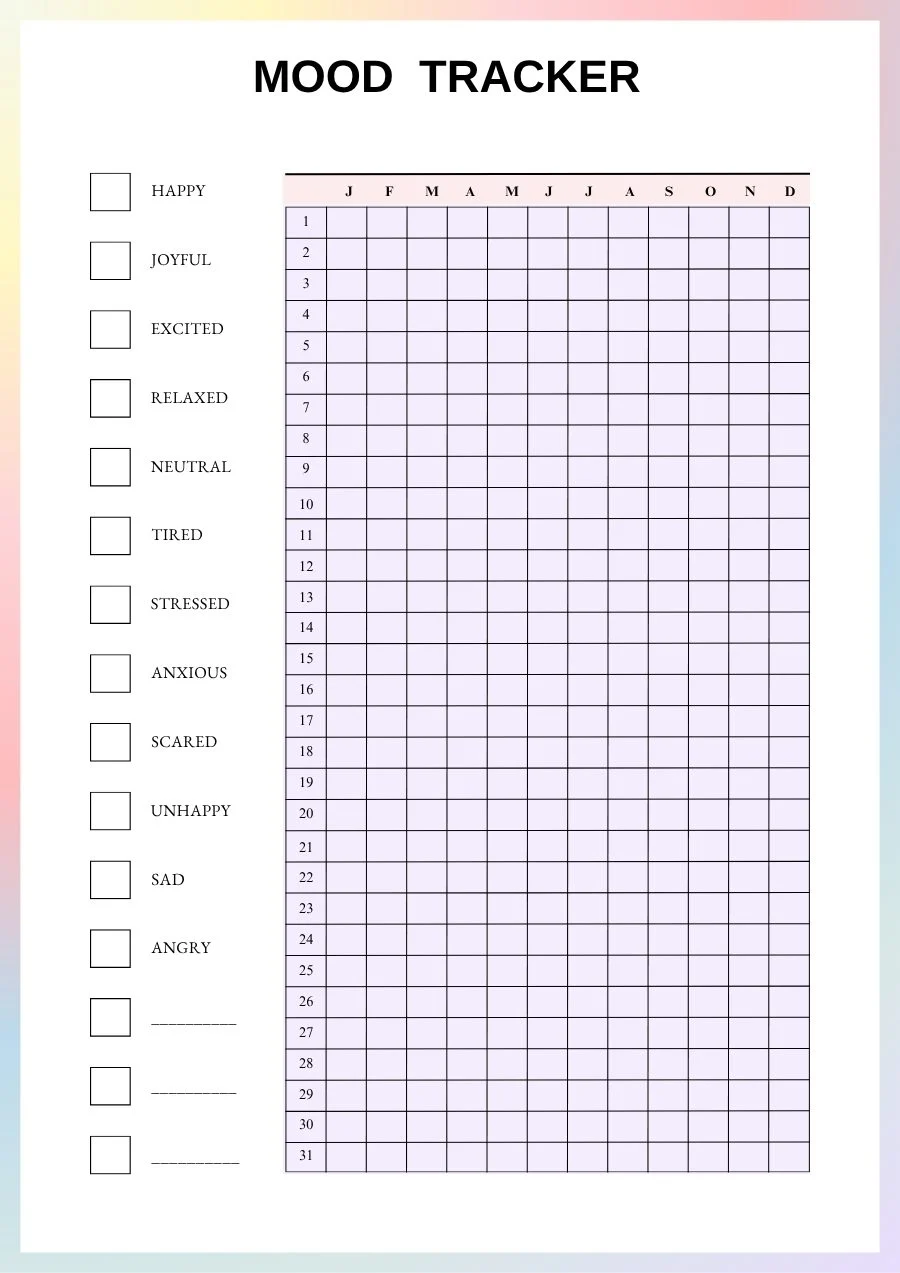 ADHD planner year in pixels mood tracker with a color key from happy to angry