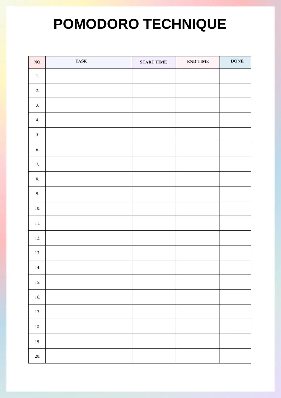 ADHD planner Pomodoro technique page with task, start time, end time and done columns