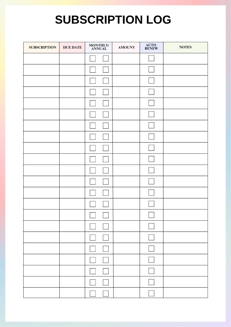 ADHD planner subscription log with due date, monthly or annual, amount and auto-renew columns