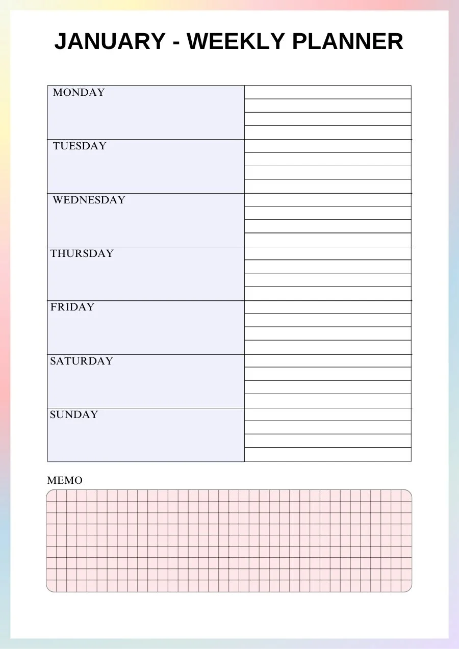 ADHD weekly planner page, Monday to Sunday with a grid memo section