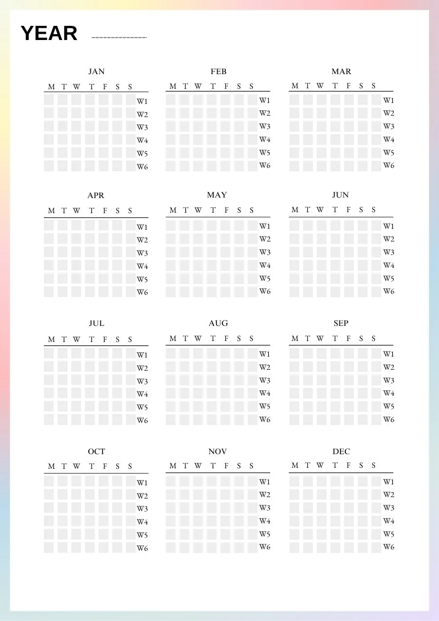 ADHD planner year at a glance page with twelve mini calendars and week numbers