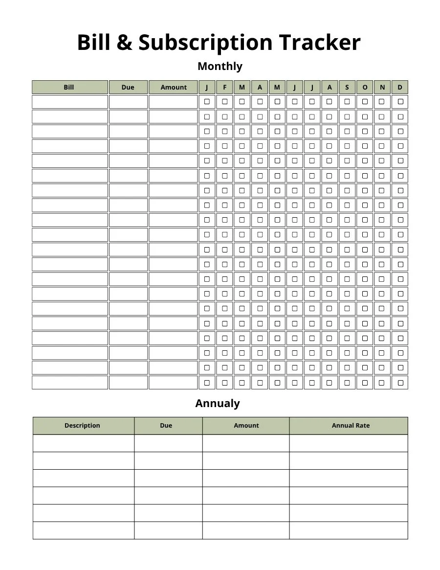 Bill and subscription tracker with monthly bills ticked January to December and annual subscriptions