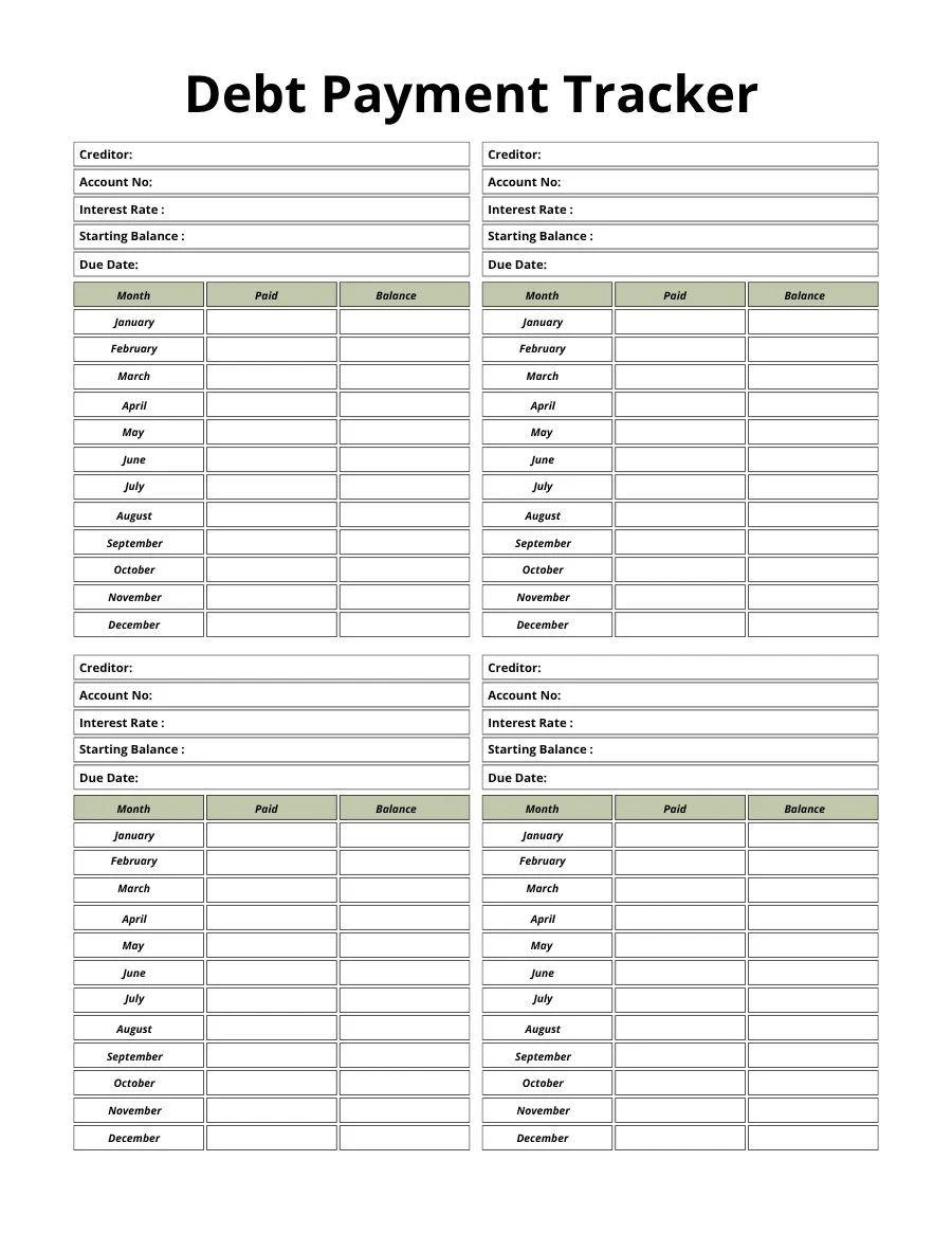 Debt payment tracker for four creditors with interest rate, starting balance and monthly paid and balance columns