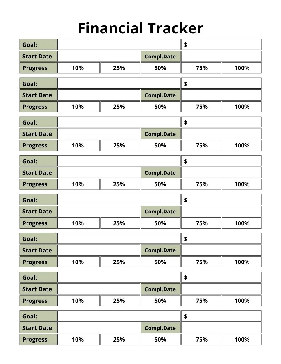 Financial tracker page with eight money goals, start and completion dates and progress from 10 to 100 percent