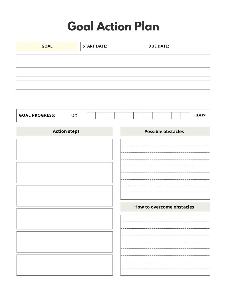 Goal action plan page with action steps, possible obstacles, how to overcome them and a progress bar