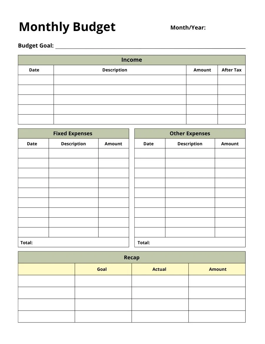 Monthly budget page with income, fixed expenses, other expenses and a goal versus actual recap