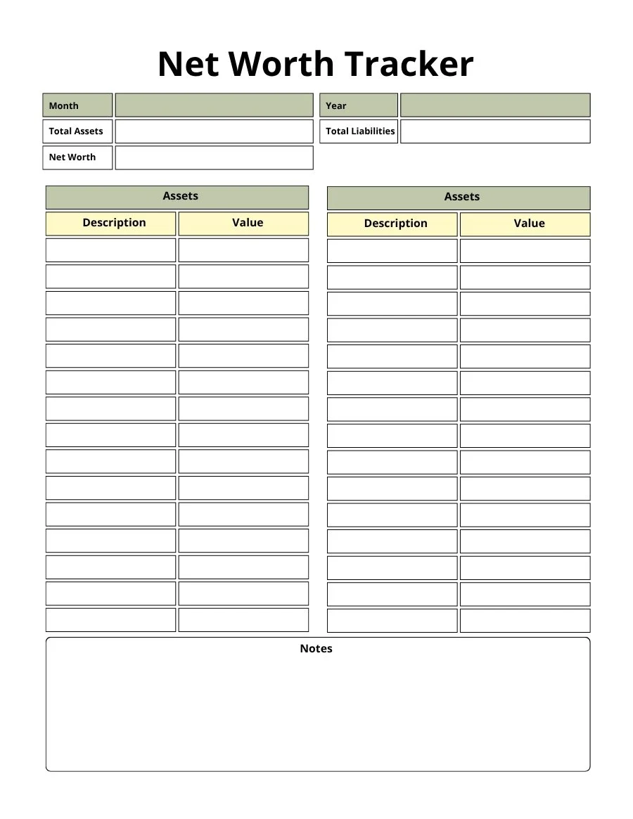 Net worth tracker page with total assets, total liabilities, net worth and a list of assets with their value