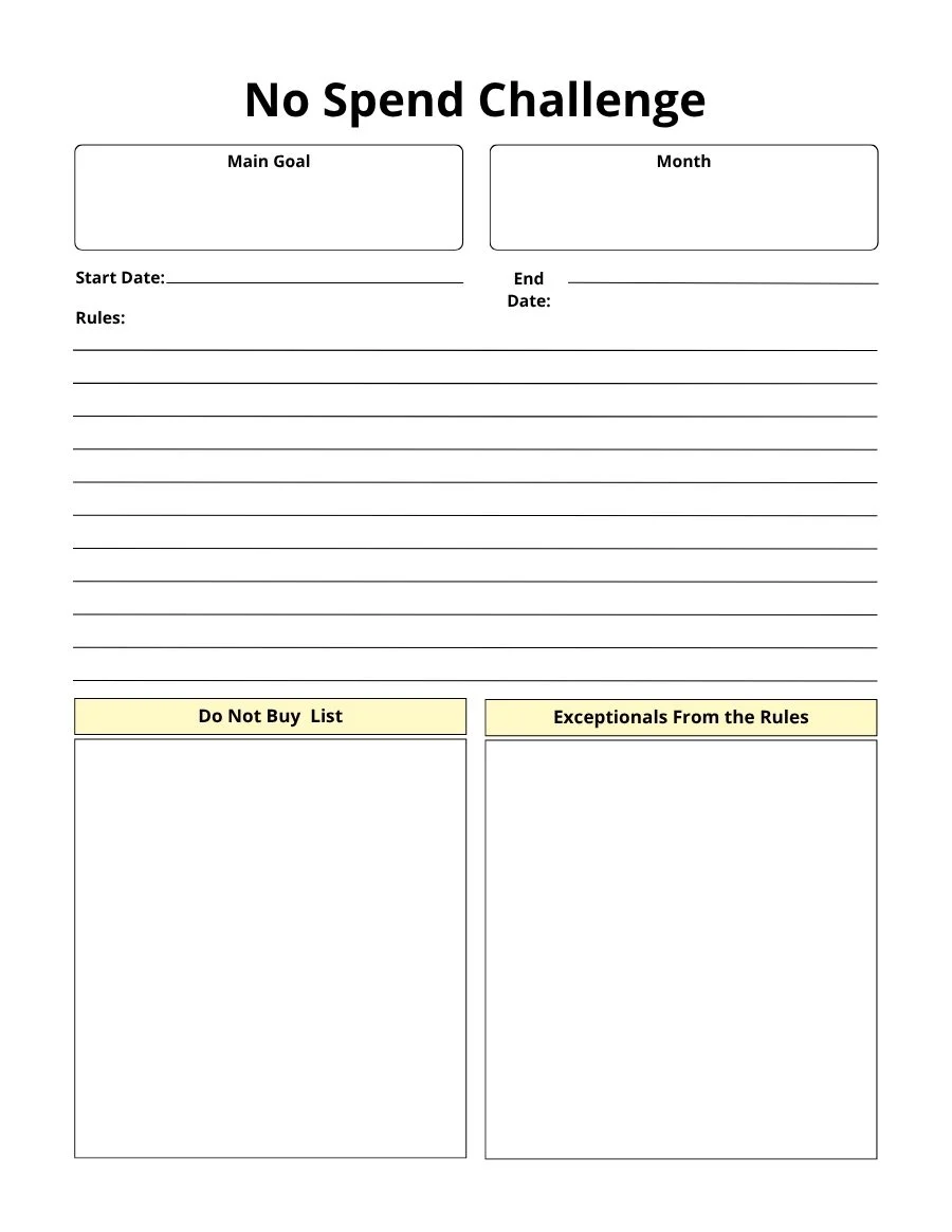 No spend challenge page with main goal, rules, do not buy list and exceptions