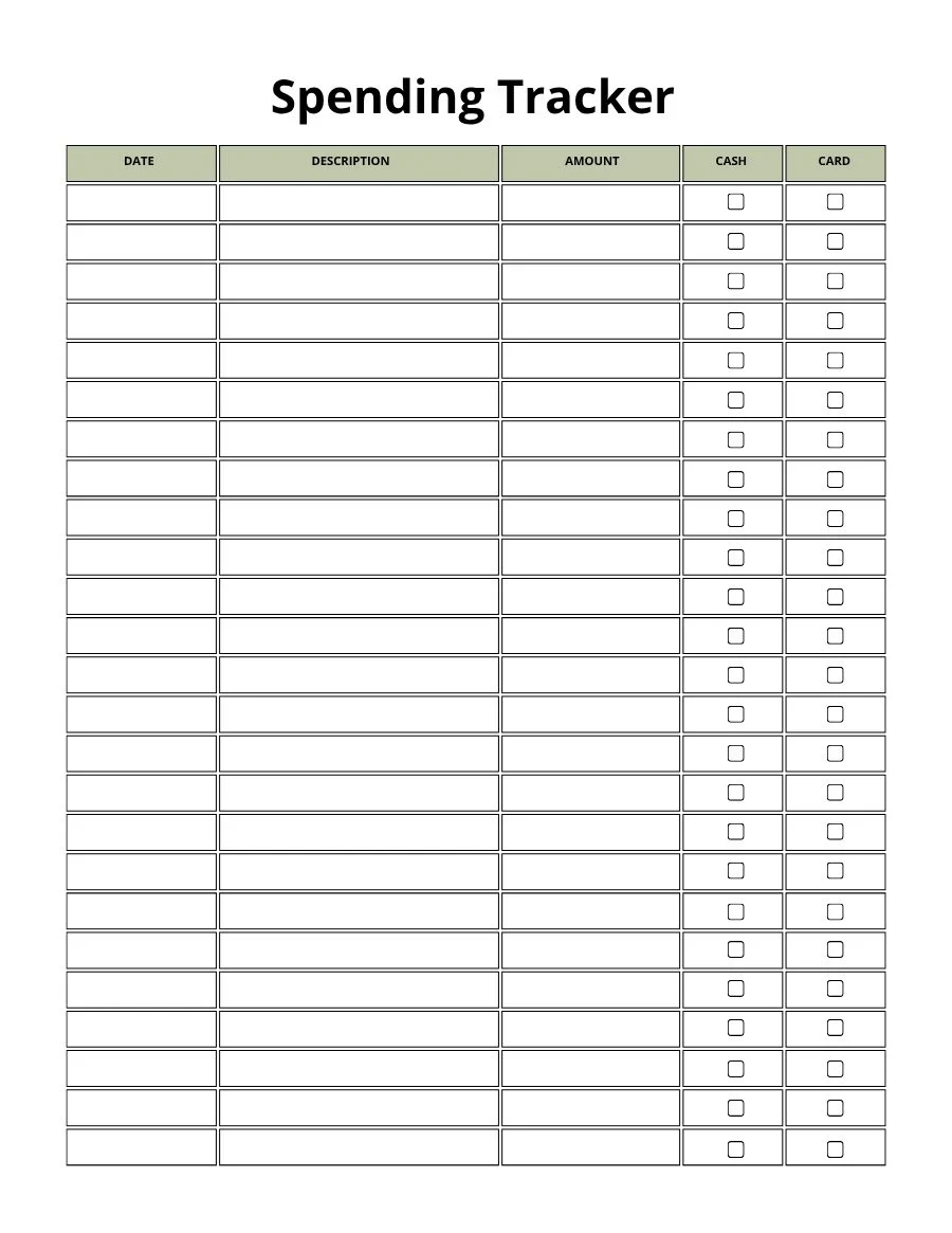 Spending tracker page with date, description, amount and cash or card columns
