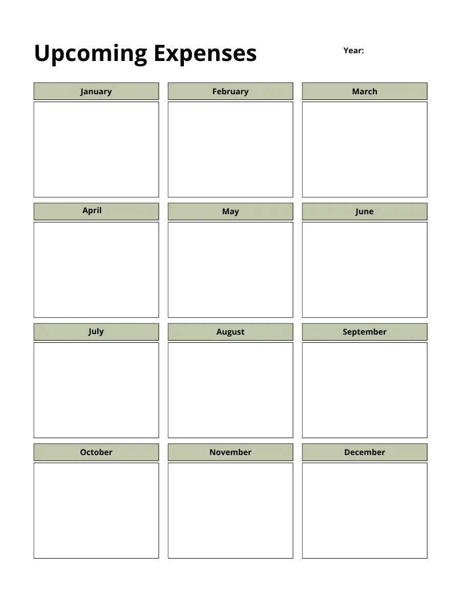Upcoming expenses page with one box per month to plan irregular costs across the year