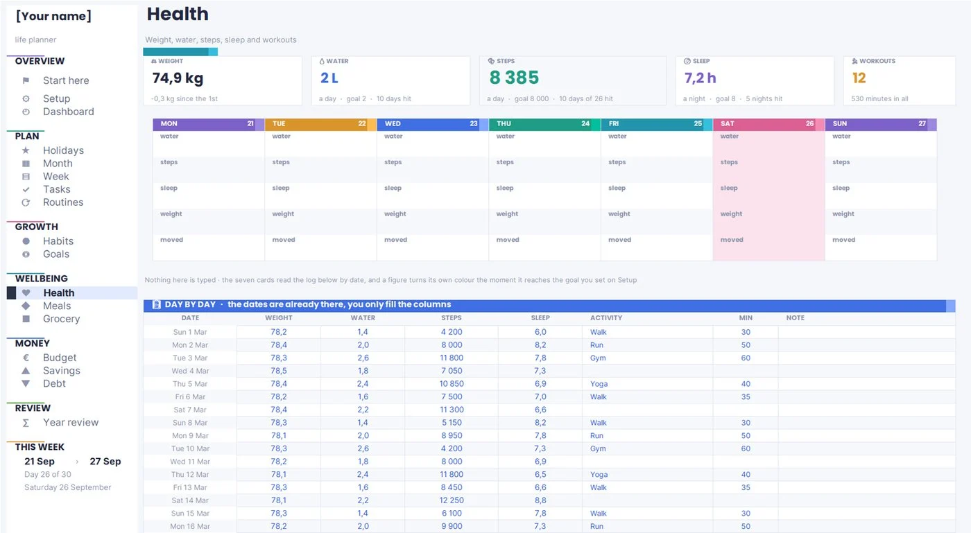 Life planner health page tracking weight, sleep, water, steps and workouts against goals