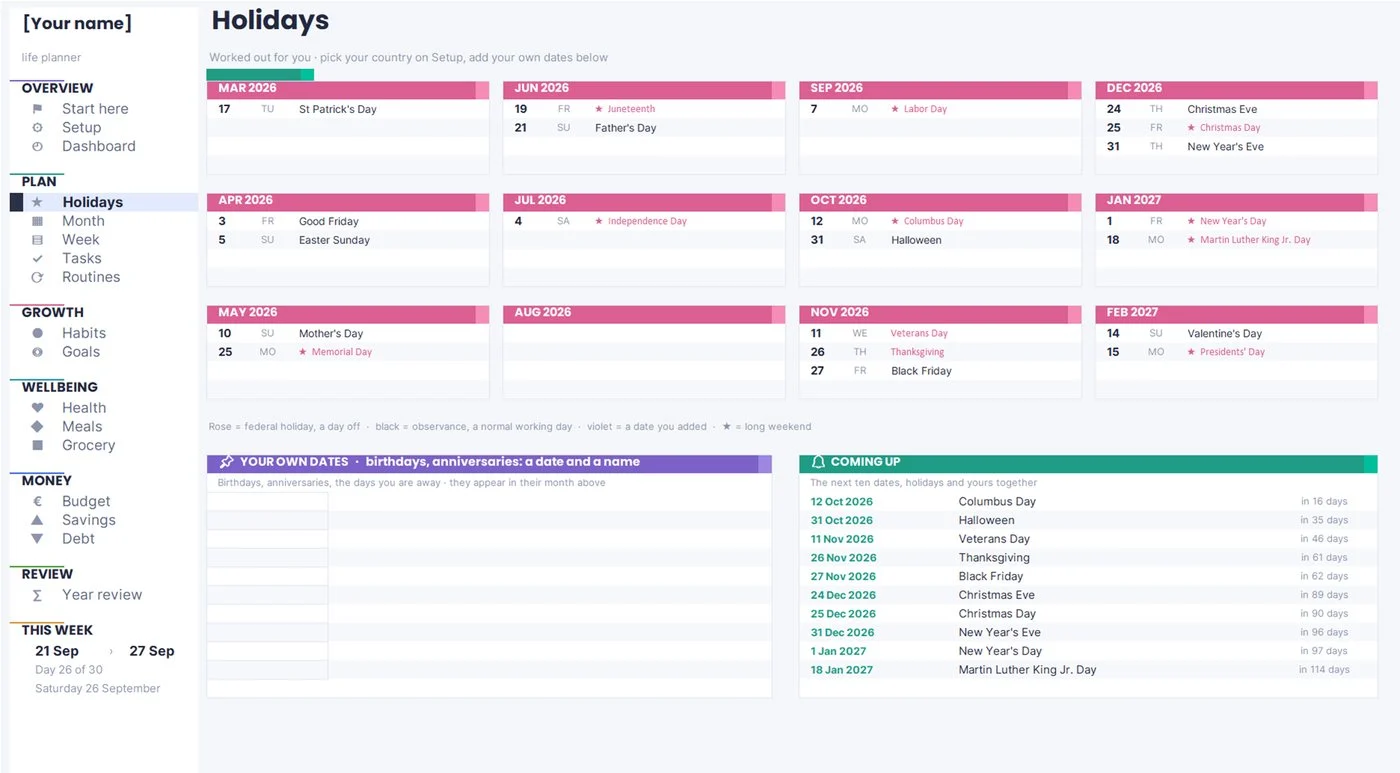 Life planner holidays page listing public holidays and personal dates grouped by month