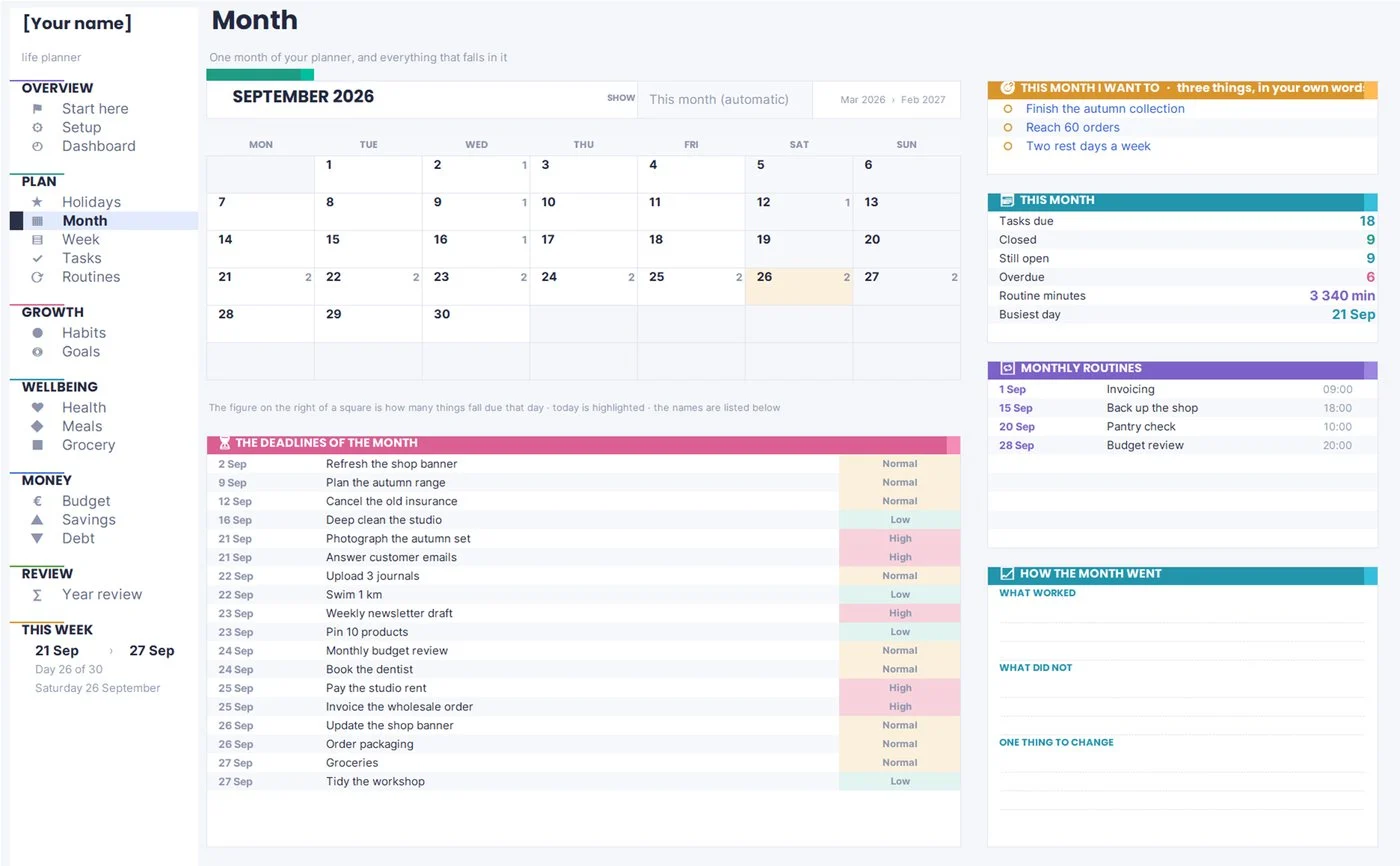 Life planner monthly calendar with tasks placed automatically on their due dates