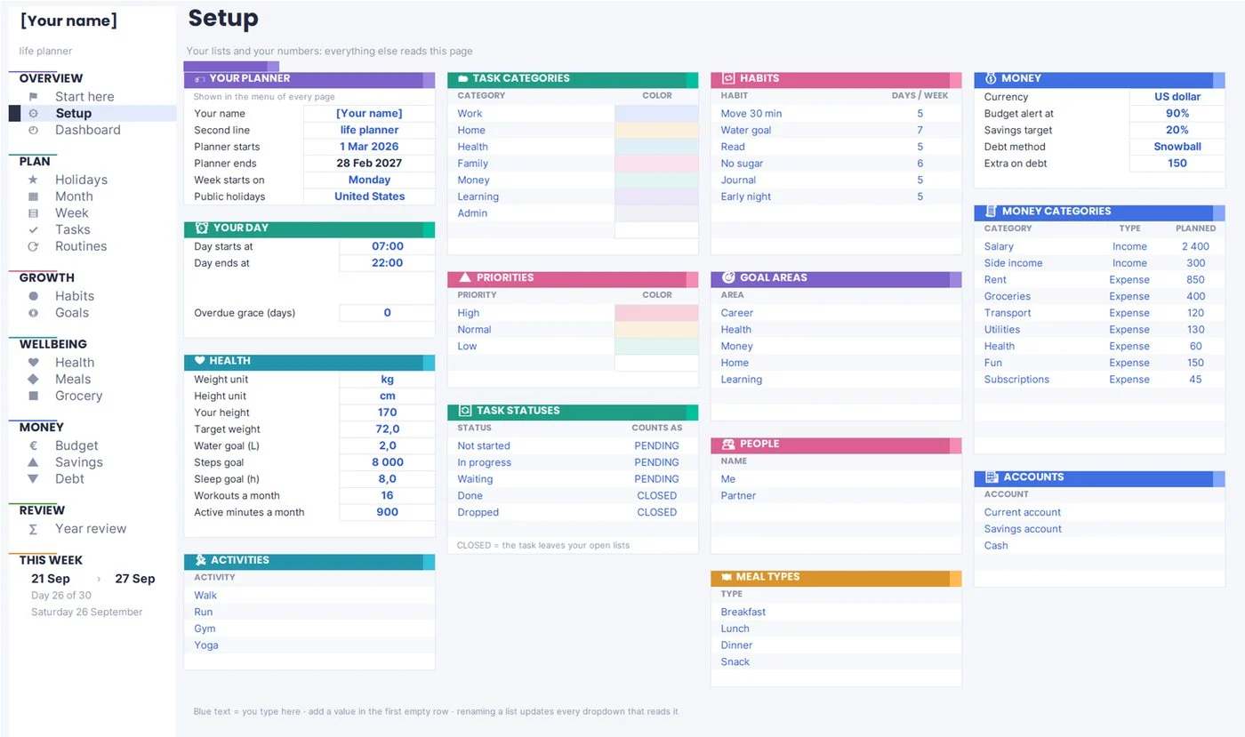 Life planner setup page with task categories, priorities, habits, money categories and units