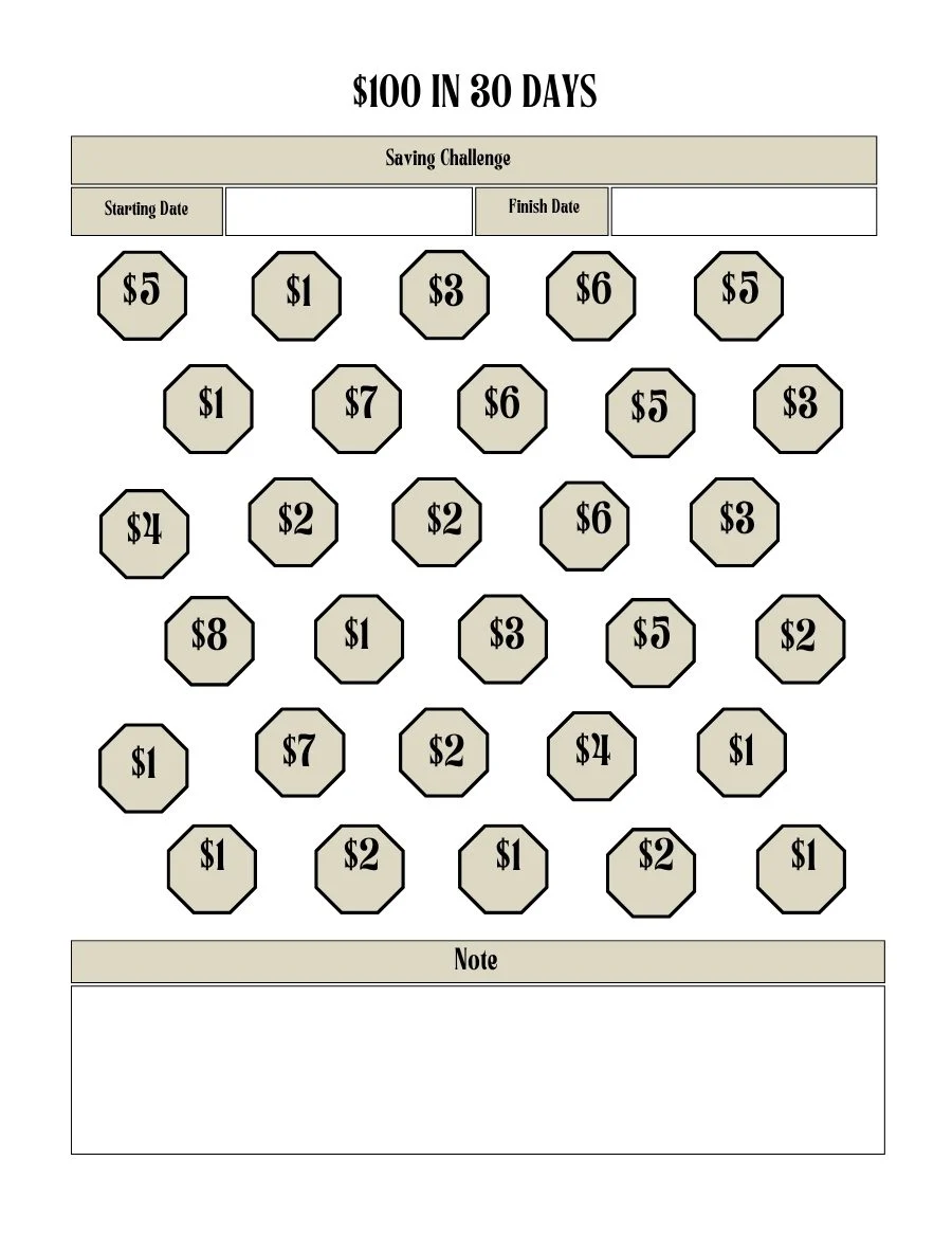 Save $100 in 30 days challenge page with small amounts from $1 to $8, start date, finish date and notes