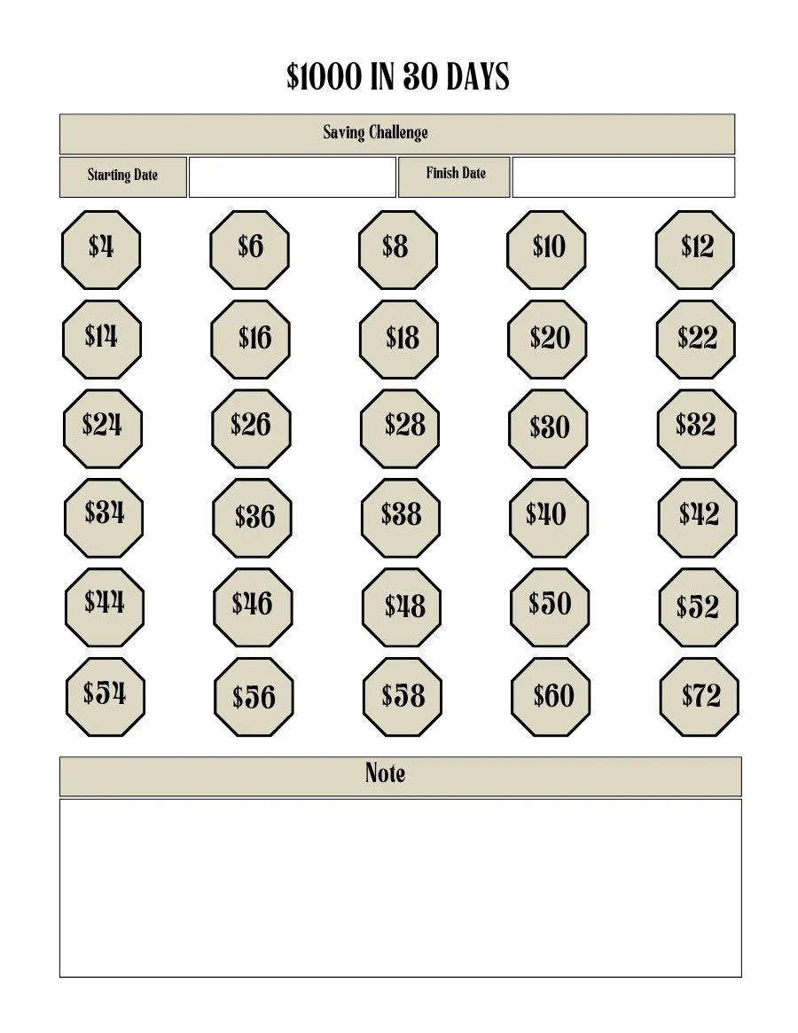 Save $1000 in 30 days challenge page with amounts rising from $4 to $72