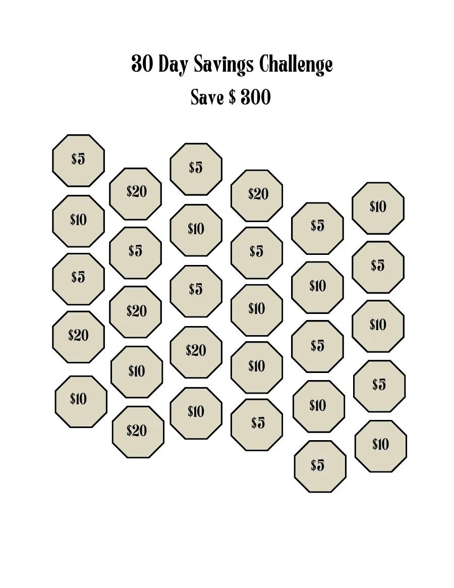 30 day savings challenge page with $5, $10 and $20 boxes to color in, save $300