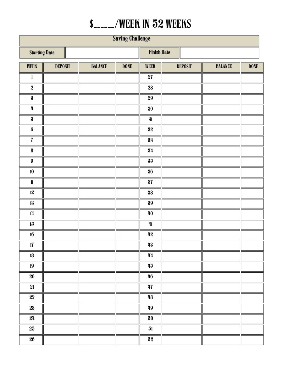 Blank 52 week savings challenge tracker with week, deposit, balance and done columns