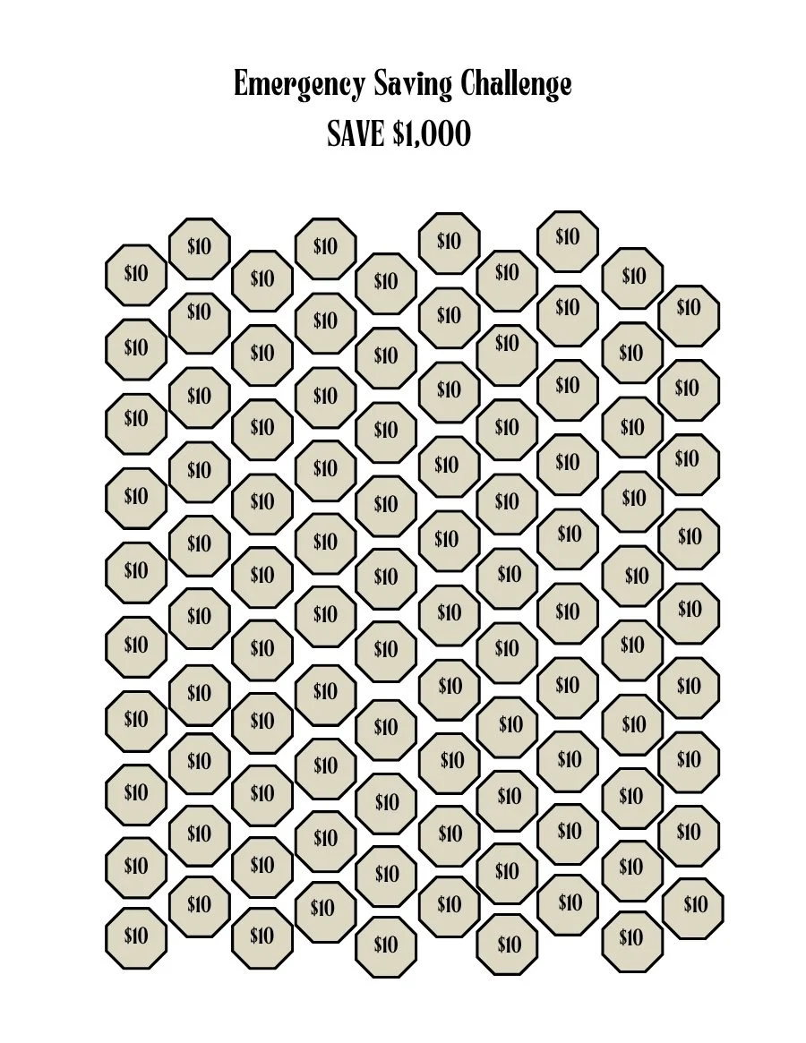Emergency saving challenge page with one hundred $10 boxes to reach a $1,000 emergency fund