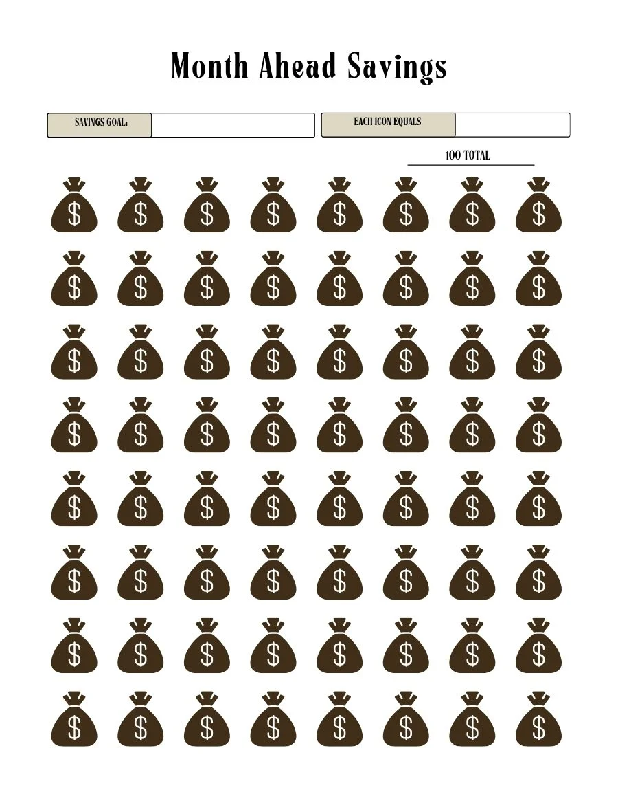 Month ahead savings tracker with a savings goal, a value per icon and money bags to color in