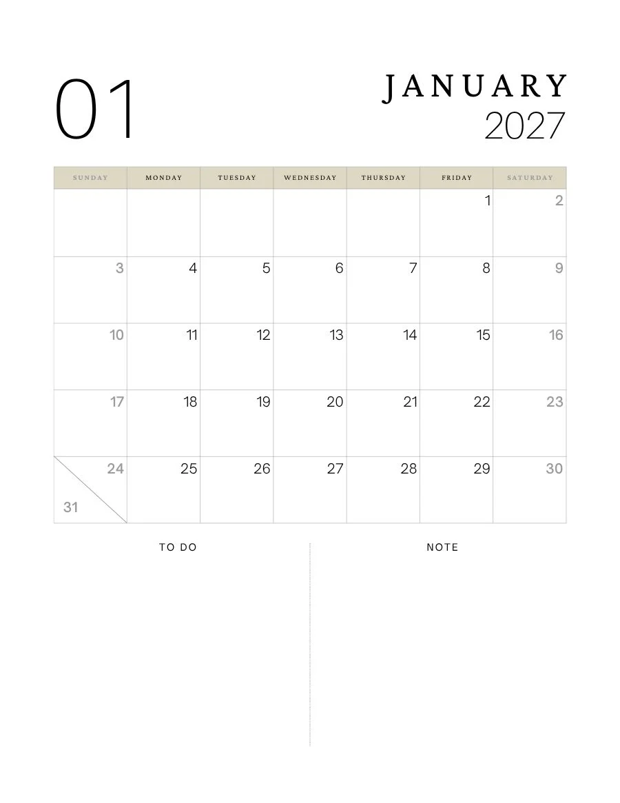 Monthly calendar page for January 2027 with a to do list and notes to schedule savings deposits