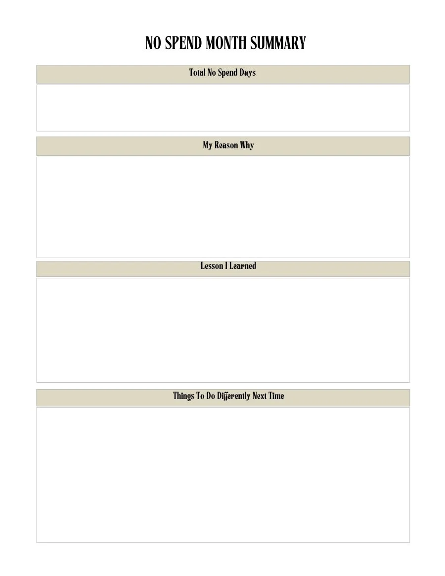No spend month summary page with total no spend days, reason why, lessons learned and what to do differently