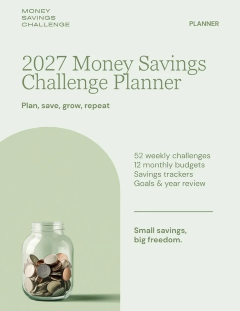 Cover of the free 2027 Money Savings Challenge Planner with a jar of coins