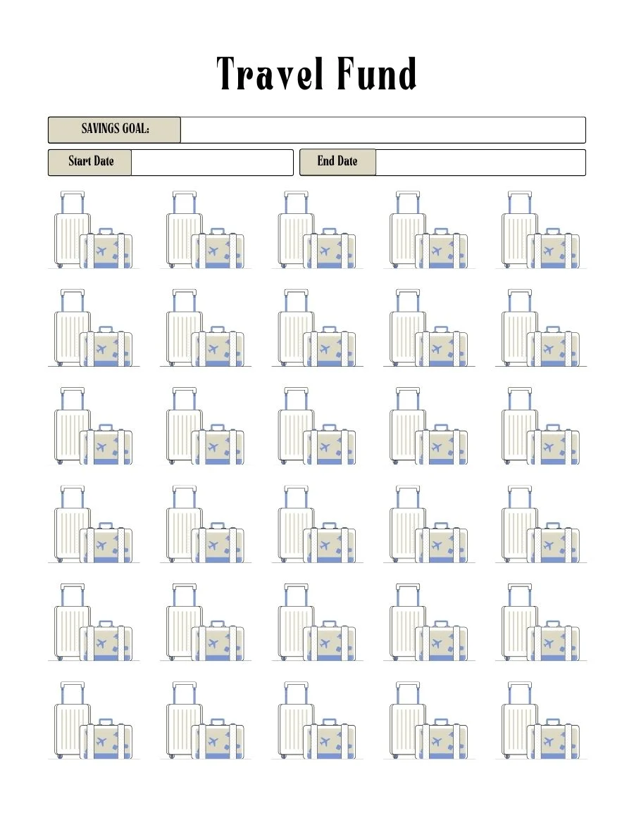 Travel fund savings tracker with savings goal, start date, end date and suitcase icons to color in