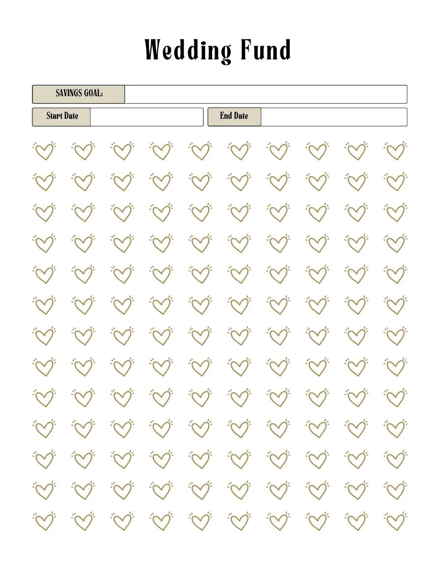 Wedding fund savings tracker with savings goal, start date, end date and heart icons to color in