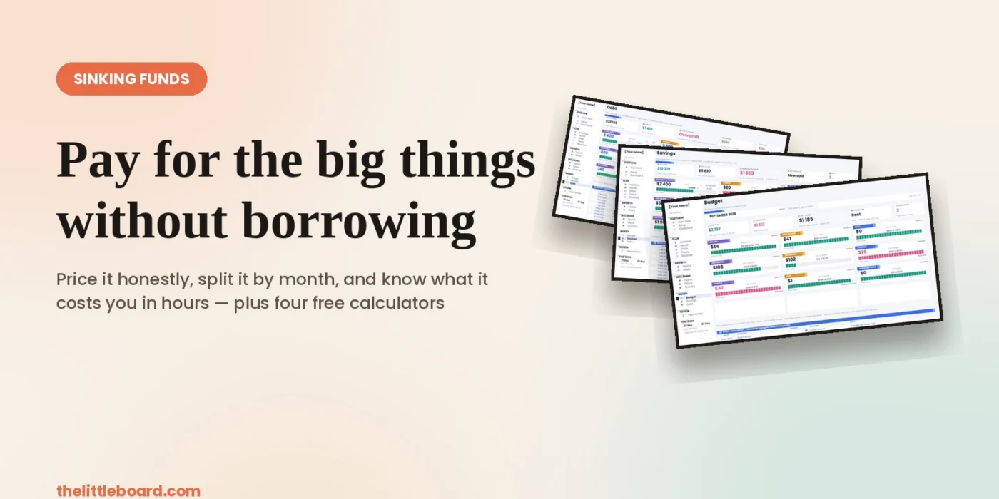 Sinking funds guide banner with the debt, savings and budget pages of a spreadsheet planner